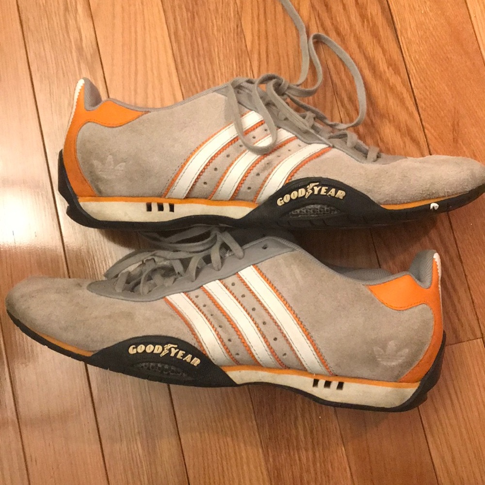Team Adidas gray suede sneakers w/ orange accents
